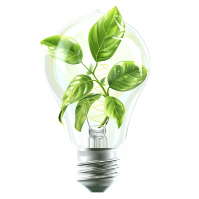 vector illustration of an ecofriendly light bulb with green leaves inside, white background, high resolution photography, insanely detailed