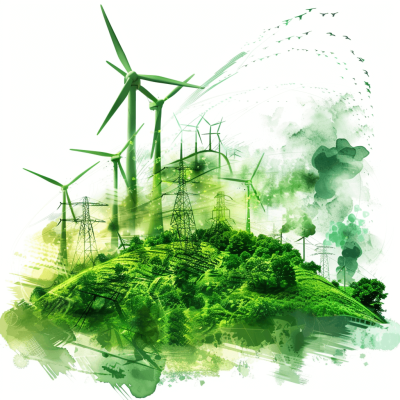 A digital illustration of wind turbines and green energy on a white background, with brush strokes and watercolor effects, creating an artistic representation of the concept of renewable power in sustainable technology design. The composition includes elements like trees, grasslands, buildings, and recommendations for using AI to enhance sustainability and environmental protection in the style of incorporating ecofriendly features into architectural designs. Isolated on a pastel colored background.