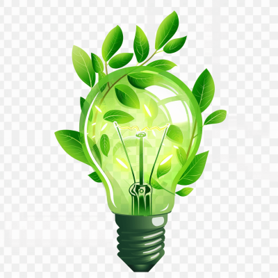 Green light bulb with leaves vector illustration on transparent background, green energy concept, png file for graphic design, high resolution, 300 dpi, white background, vector graphics, green and yellow colors, eco friendly elements in the form of leafs around the lamp