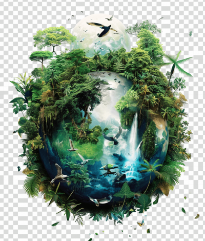 S earth with jungle and animals inside, waterfalls on the planet, jungle around it, transparent background, png style