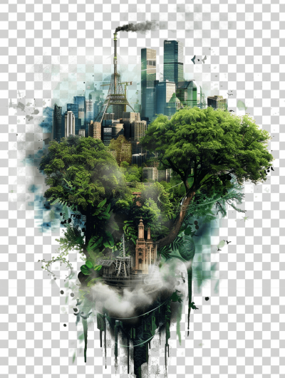 Surrealistic double exposure illustration of New York City skyline, with a tree and greenery in the center surrounded by white smoke, on a transparent background, in the style of an oil painting with visible brush strokes, digital art, concept design, fantasy cityscape illustration depicting a fantasy world, digital art concept drawing, digital painting concept sketch, fantasy architecture, fantasy forest, fantasy city, fantasy landscape, concept sheet, concept art.