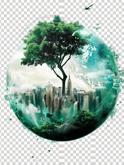 Surreal transparent earth with green trees and cityscapes inside, transparent background PNG file, clip art in the style of unknown artist.