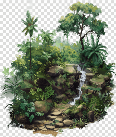 A jungle with a waterfall, clipart in the style of [Thomas Kinkade](https://goo.gl/search?artist%20Thomas%20Kinkade) and in the style of Disney Pixar on a transparent background, at a high resolution