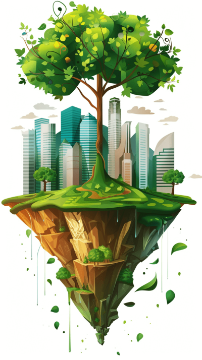 A green tree stands on an island surrounded by skyscrapers in a cartoon vector illustration with a white background. The island is covered in lush grass and has trees growing around it. In the center of each building there is one leaf hanging from its branch. A stream flows through some parts of the cityscape, adding to nature's beauty. This design could represent environmental protection or sustainability in urban development in the style of nature.