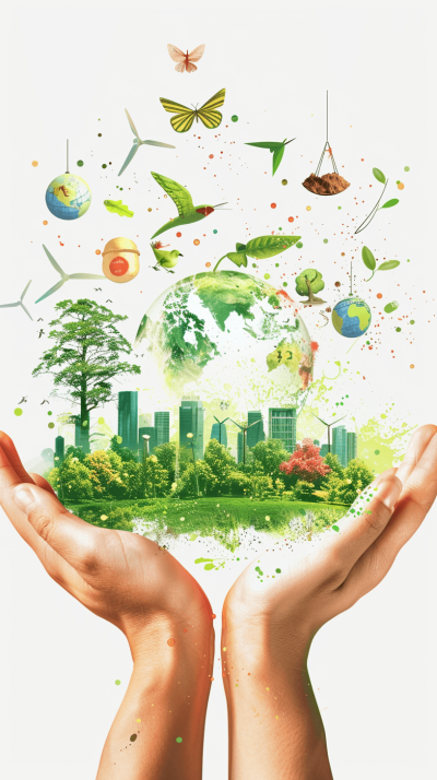 poster design with a white background, hands holding the earth with green nature elements like trees and birds flying around. Buildings on the other side of the planet surrounded by wind turbines and solar panels. Bright colors create a positive vibe and happy mood with a green color theme. High resolution, high details, and high quality.