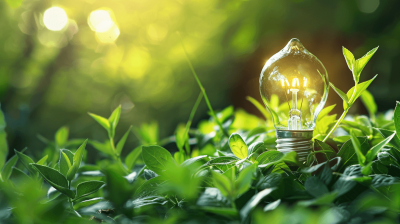 Green energy concept with a light bulb in nature, green leaves and sunlight background. Green eco power idea for environment protection and sustainable development regarding environmentalism. Photo taken from above, stock photo, unsplash, shot on a Sony Alpha A7 III camera in the style of Sony.