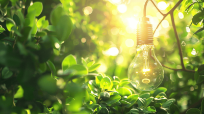 A light bulb hanging from the branches of green leaves, illuminated by sunlight, symbolizing sustainable energy and ecofriendly technology. The background is filled with lush foliage creating an organic and natural atmosphere.