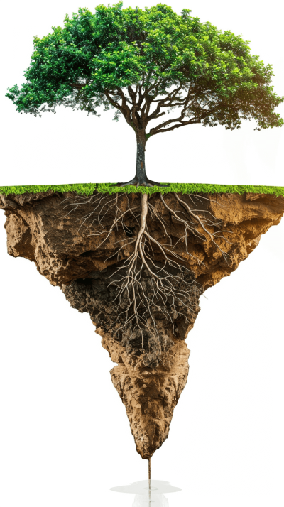 A tree with roots and soil, cut in half to show the underground structure of its root system. The top part is depicted as green grassy ground while below it lies earth. There's an illustration style with detailed details. White background.