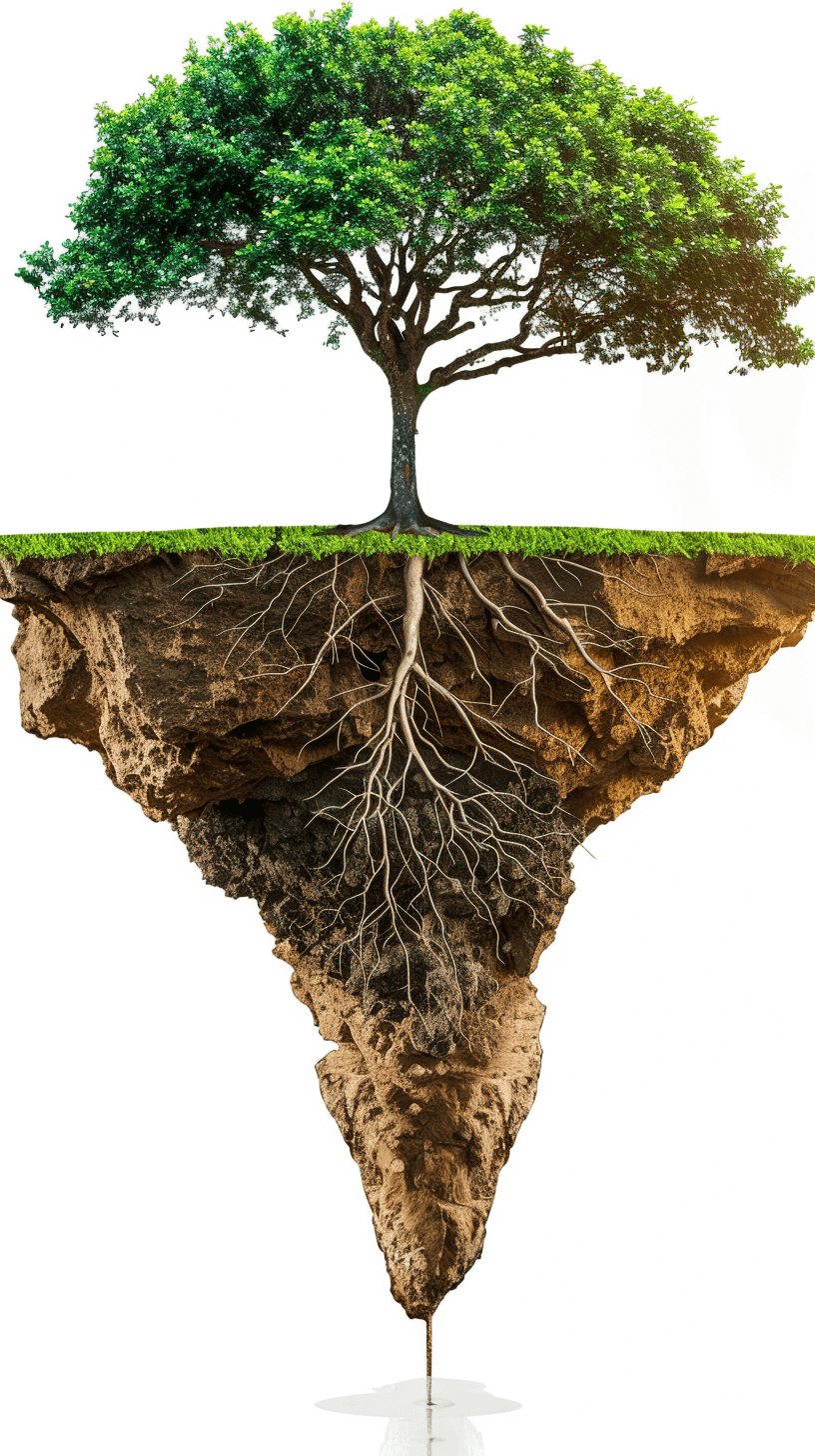 a tree with roots growing underground, the top of which is above ground on white background. The cut in half soil showing the roots and bottom part has grassy green surface.