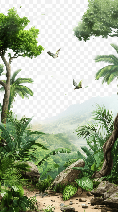 Tropical rainforest landscape with trees, rocks and birds transparent background.png The landscape depicts a tropical rainforest scene with trees, rocks and birds against a transparent background, in the style of nature artwork.