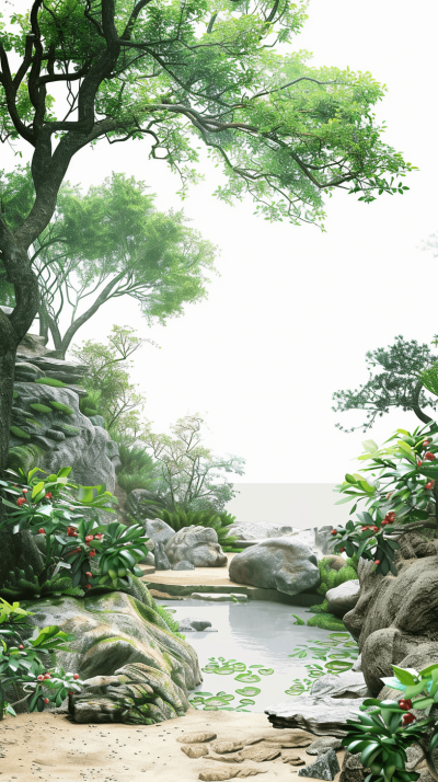 A small garden with trees, rocks and water on a white background, green plants, a pond surrounded by sand dunes, lush vegetation, a realistic and detailed rendering, a fantasy illustration style inspired in the style of the natural landscape of Hainan Island in China, rendered using the techniques of Unreal Engine, high resolution and high definition.