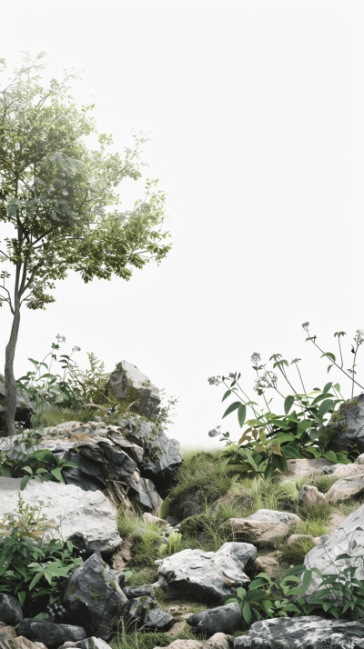 Photorealistic rendering of rocks and vegetation in the foreground, with a white background. In front is an open space where a small tree with green leaves and shrubs will be. The scene should convey natural beauty, with clear details and textures that highlight both the ruggedness of stones and soft nature of plants. This setting creates a serene atmosphere for use as a backdrop or landscape design element.