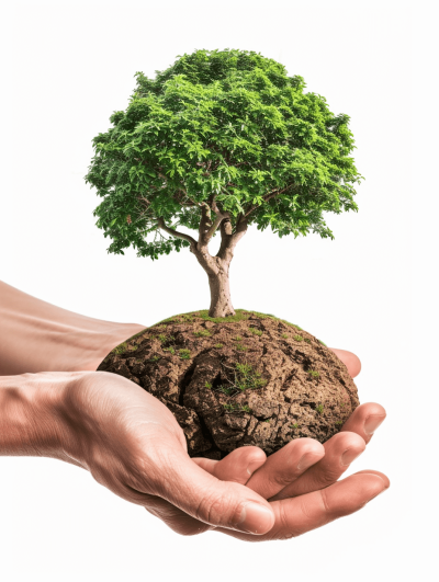 Closeup of hands holding earth with tree, isolated on white background, detailed, png photo stock