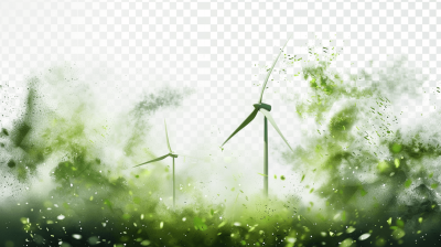 green energy windmills with smoke, green particles background, transparent background, in the style of png, ultra realistic photography