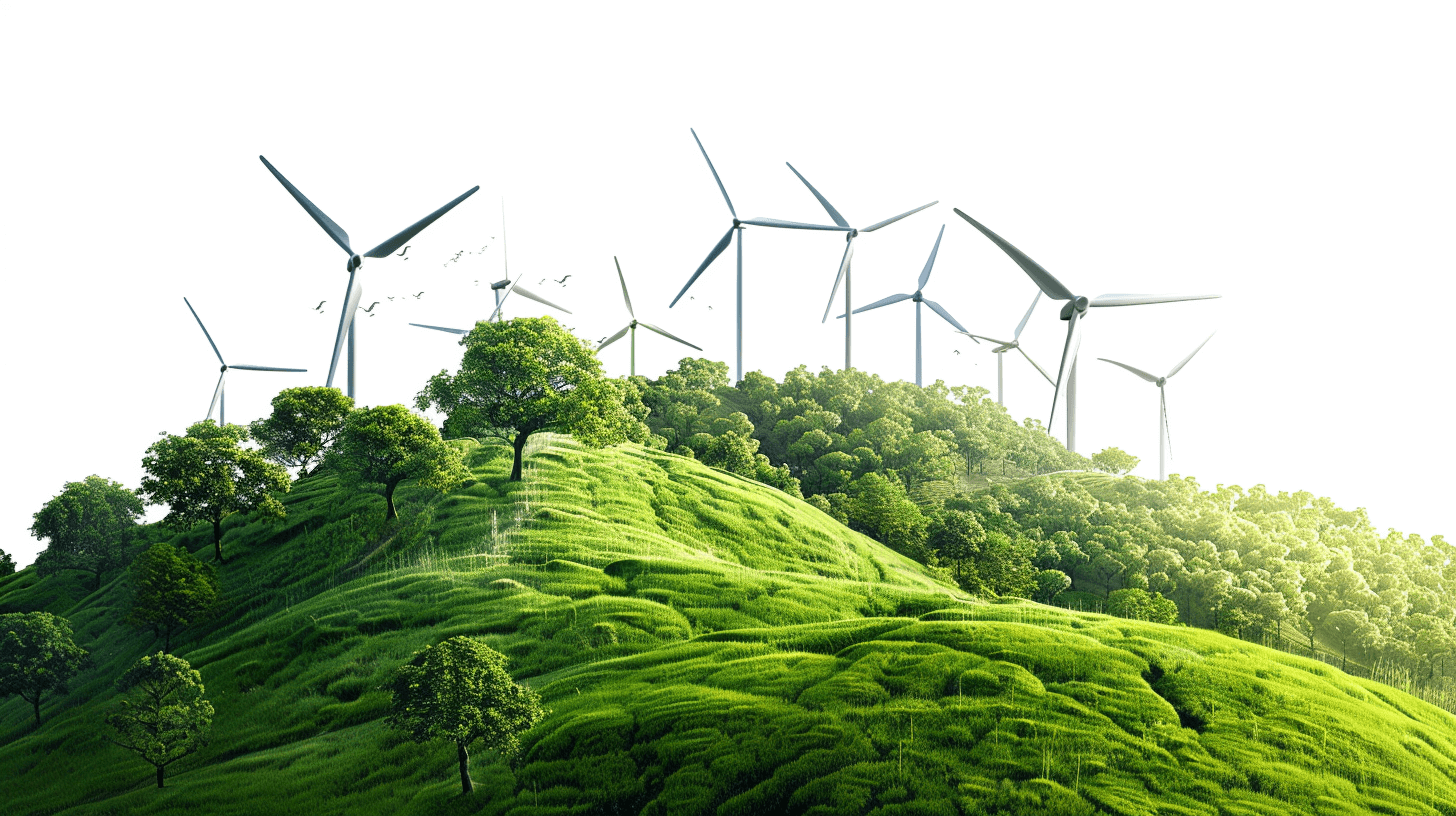 A green hill covered with tea trees, surrounded by modern wind turbines on a white background, in a photorealistic, high resolution photographic style. The image has insanely detailed and intricate features, using HDR to create a hyper realistic, sharp focus in a studio photo style. It shows intricate details at a highly detailed level, with a white isolated plain behind the subject.