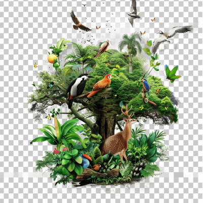 3D realistic jungle tree with birds, deer and parrots around it, transparent background, png file