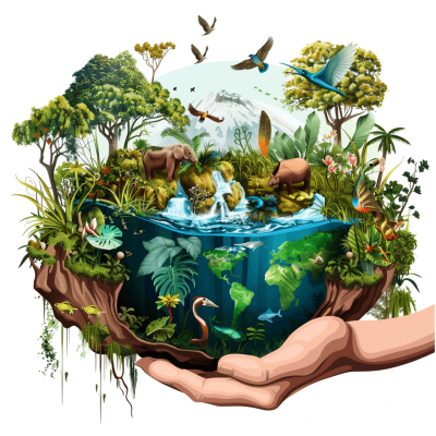 Illustration of world in hand, trees and animals around the earth, vector style white background, green forest, blue river, brown mountain, black birds flying over water , yellow bird standing on tree branch, grey elephant walking through jungle, orange flamingo swimming underwater, realistic illustration style, colorful design, detailed composition, high resolution, high detail, high quality, high definition, high dynamic range, high contrast, high sharpness, white background, white space on top