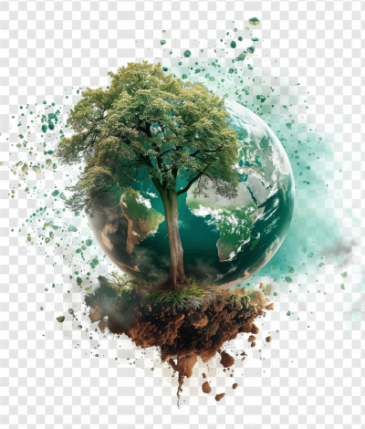 Saving the planet with a tree on a transparent background, a PNG photo cutout isolated on a white background, an earth globe with a watercolor effect, a green forest and brown soil, a tree growing from the center of Earth, water splashes around it, digital art, a detailed illustration, in the style of PNG, a PNG mockup template, high resolution, a PNG file, 300 dpi, PNG format