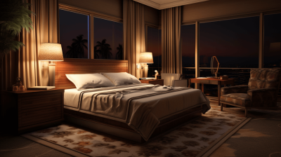 High bedroom overlooking the city, large windows, night time, cozy atmosphere, wooden furniture with white fabric and wood headboard on bed, bedside table lamp next to chair, dark brown carpet on floor, brown walls, night light in room, warm lighting from lamps