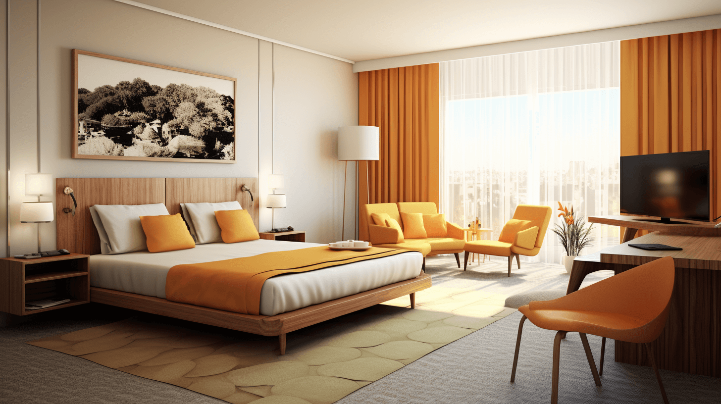 modern hotel room with modern furniture and orange color scheme, bed is made of wood, wall has large framed photograph on it, carpet in front of the desk looks like an area rug, warm lighting from lamps, windows with curtains, tv at headboard of bed, armchair near window, modern style, realistic rendering, high resolution, high detail, photorealistic, canon eos r5