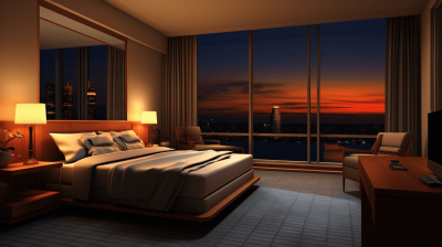 High bedroom overlooking the city, large windows, at night, very beautiful sunset view., The bed is in front of the window with white linens and warm lighting, It's like being inside an open lighthouse room, There was no sofa or chair by the bedside, modern style, A wooden table beside it had two lamps on top of them, hyperrealistic rendering