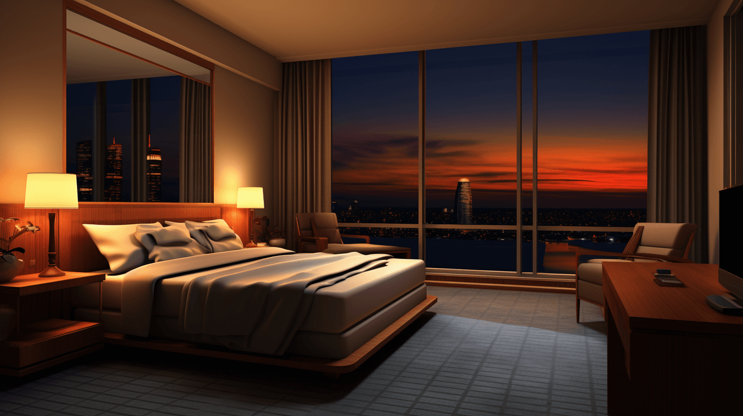 High bedroom overlooking the city, large windows, at night, very beautiful sunset view., The bed is in front of the window with white linens and warm lighting, It’s like being inside an open lighthouse room, There was no sofa or chair by the bedside, modern style, A wooden table beside it had two lamps on top of them, hyperrealistic rendering