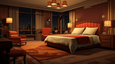 An interior of a hotel room with a bed, armchair and carpet in the style of a GTA game, cartoon cel shaded art, at night time, with orange lighting and warm colors, brown walls, a big window with a city view.