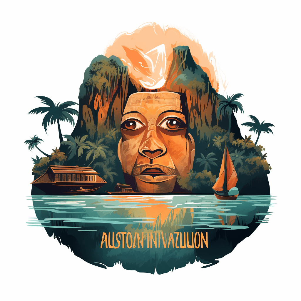 logo, elegant style, with the text “Aston Inazulion”, island background and African face shape in front of an ocean, sailing boats on the water, white background, detailed character illustrations, t-shirt design, no mockup or border, vivid colors.