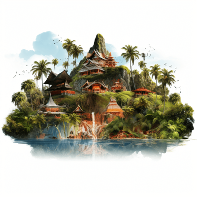 island with traditional Thai houses, jungle and waterfalls, white background, concept art by Pixar style, cartoon illustration, hyper realistic, fantasy, digital painting, natural lighting, rim light, hyper detailed, super resolution