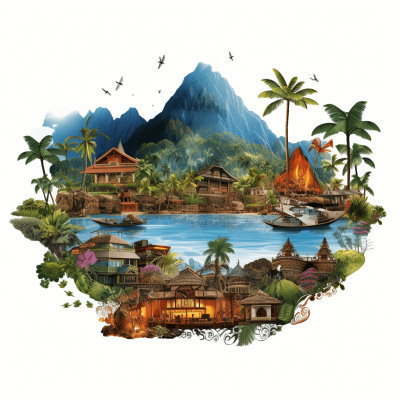 A realistic digital illustration of an island with various tropical houses and bamboo huts. There is water in the middle surrounded by mountains, a volcano erupting at one side, and birds flying around. Vibrant colors and a white background, in the style of a sticker clipart.