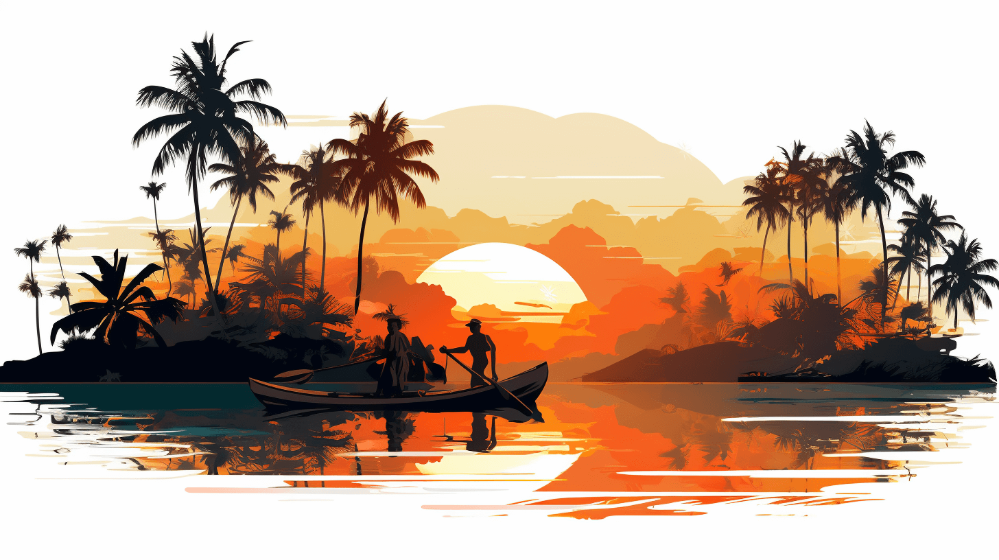 Vector illustration of a tropical sunset with people in a boat and palm trees, in the style of vector art, as a detailed design, at high resolution, with high quality, high detail, high definition, high contrast, on a white background, without shadows, as vector graphics, colorful.