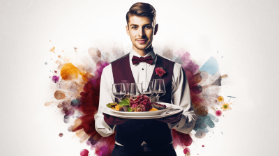 A handsome smiling waiter holding a platter with food and wine, against a colorful splash background, on a white solid color background, in the photorealistic style, in the hyperrealism style, resembling fashion photography, with ultra high resolution, in sharp focus, like a stock photo, with high key lighting, taken in a studio shot with a wide angle.