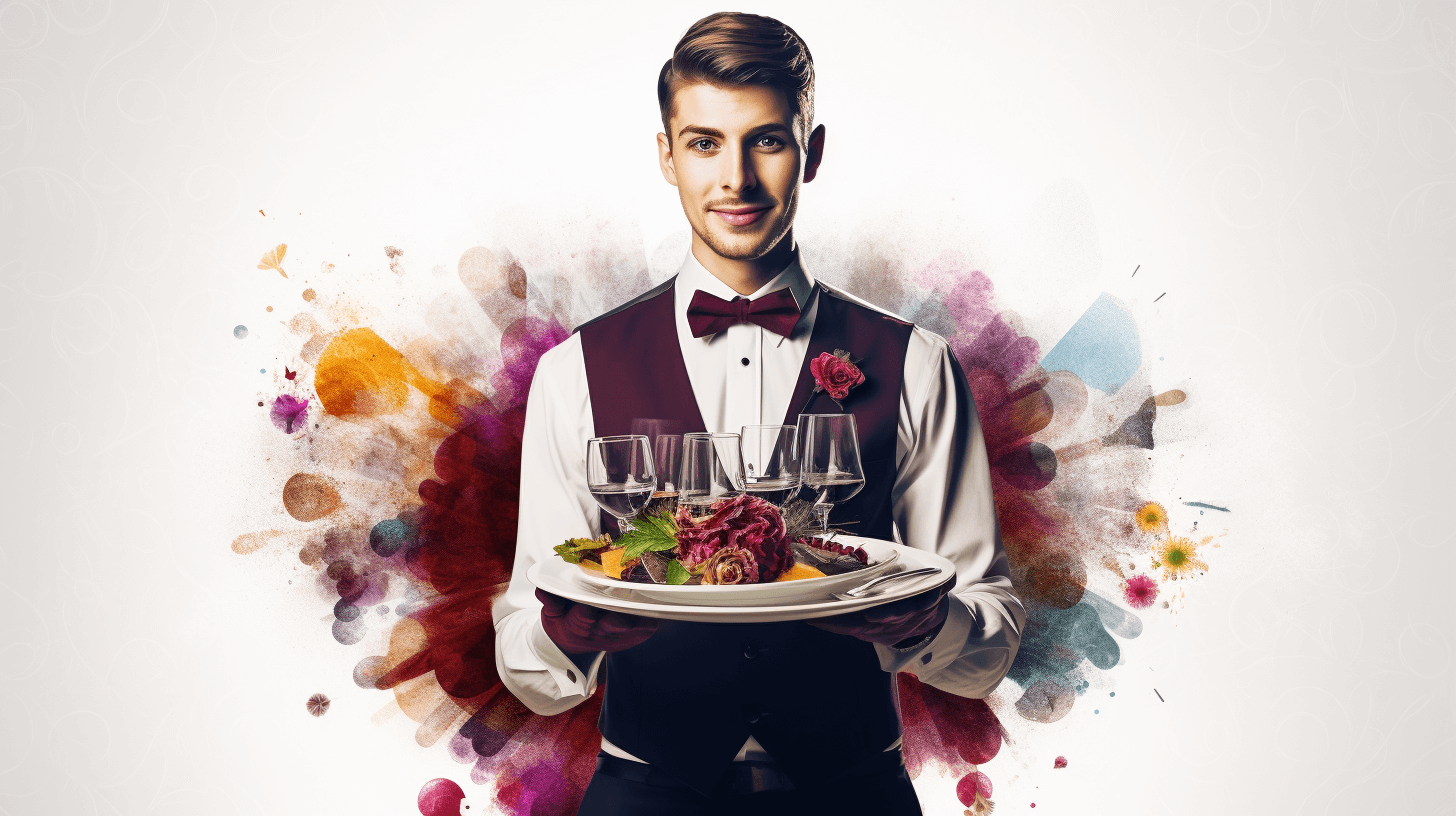 A handsome smiling waiter holding a platter with food and wine, against a colorful splash background, on a white solid color background, in the photorealistic style, in the hyperrealism style, resembling fashion photography, with ultra high resolution, in sharp focus, like a stock photo, with high key lighting, taken in a studio shot with a wide angle.