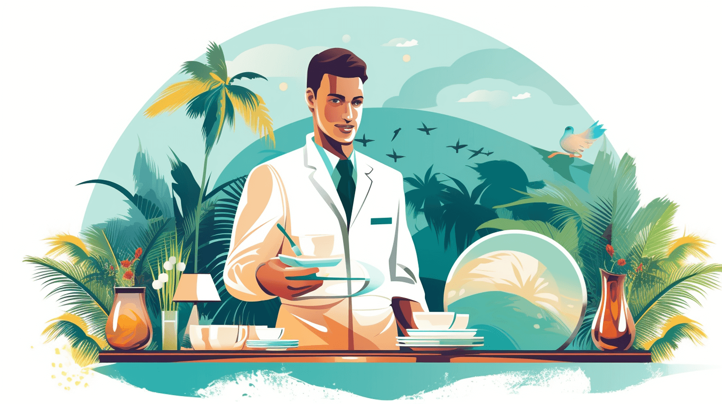 Flat illustration of an elegant young doctor serving coffee in a tropical setting, with a palette of light blue and green tones. The background features palm trees and exotic birds, creating a serene atmosphere. A large glass plate sits on top of his desk filled with cups of tea. There is also some vintage decor around him.