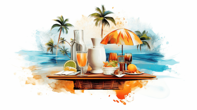 Illustration of white bottles and glasses with orange juice on a table. Next to it is an umbrella and some food in plates. Behind are palm trees with a sea background. The white background is in a watercolor style with a cartoon design. It is highly detailed with vibrant and colorful tropical vibes. White space surrounds the objects.