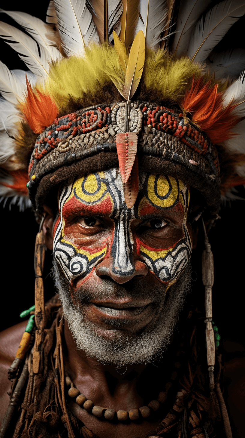 A Papua New Guinea man wearing an elaborate headdress and face paint, an award winning photograph in the style of professional color grading, soft shadows, no contrast, clean sharp focus digital photography.