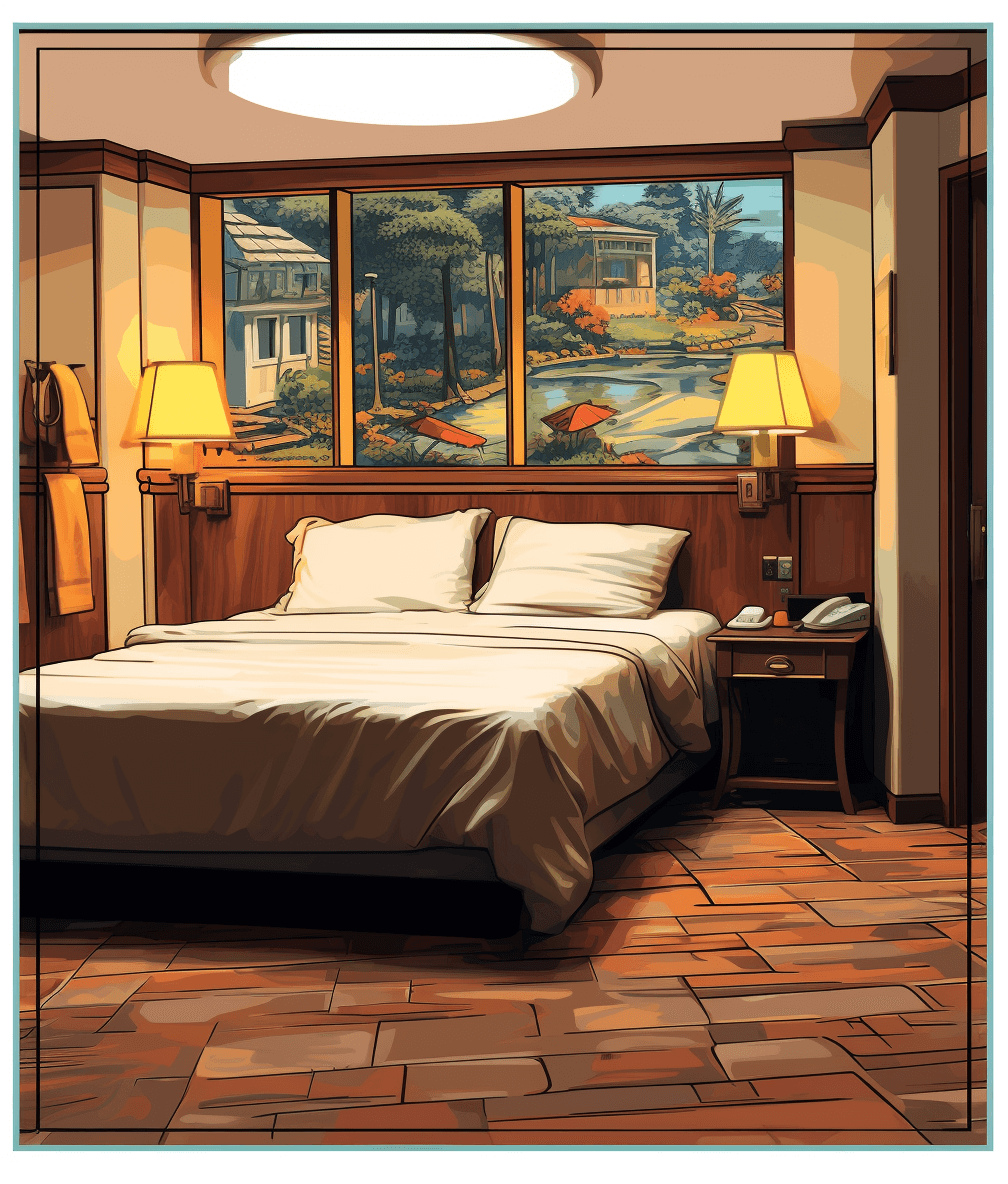 A simple illustration of the interior of an American hotel room with a large bed, night stand and window overlooking a park in the style of [Moebius](https://goo.gl/search?artist%20Moebius) and [Katsuhiro Otomo](https://goo.gl/search?artist%20Katsuhiro%20Otomo). The colors should be warm tones with a focus on brown wood and white linens. There is one small painting hanging above each bedside table that depicts scenes from outdoor activities like swimming or hiking. Use a plain background to highlight the wooden floor and walls, minimizing repeated words and removing any Chinese characters.