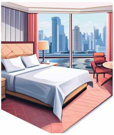 Flat vector illustration of a hotel room with a king bed and a large window overlooking a city skyline, featuring warm colors in the style of vector art with a simple design on a white background. The 2D flat graphic style uses simple details, shapes, high contrast and a vibrant color palette with bold outlines characteristic of vector artwork with sharp edges and corners as well as flat shading and shadows without gradients or texture. The simple design, lines and colors employ vector art techniques using simple shapes, shadows and a white background with a flat design and vector graphics style.