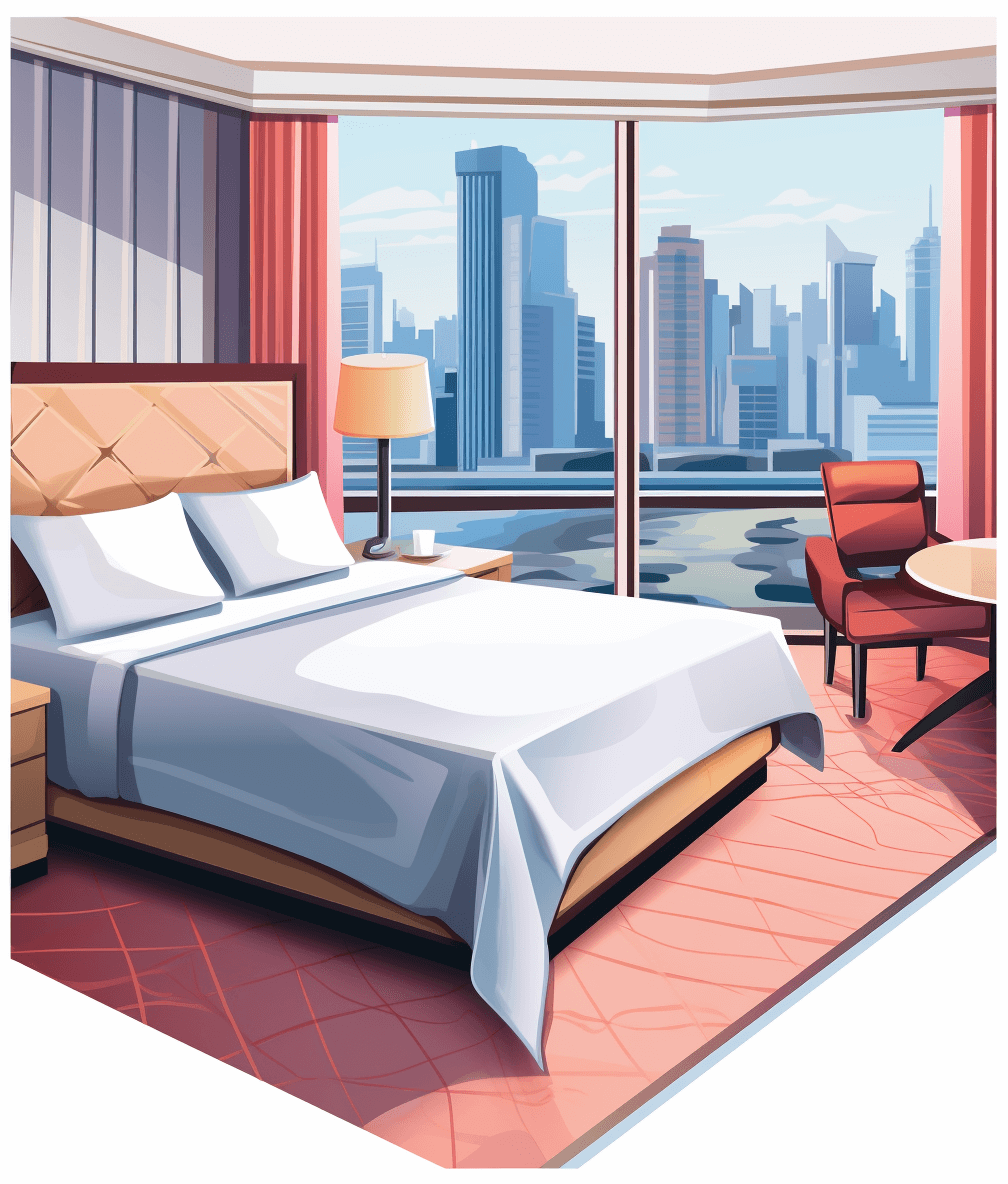 Flat vector illustration of a hotel room with a king bed and a large window overlooking a city skyline, featuring warm colors in the style of vector art with a simple design on a white background. The 2D flat graphic style uses simple details, shapes, high contrast and a vibrant color palette with bold outlines characteristic of vector artwork with sharp edges and corners as well as flat shading and shadows without gradients or texture. The simple design, lines and colors employ vector art techniques using simple shapes, shadows and a white background with a flat design and vector graphics style.