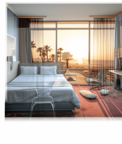 An ultrarealistic digital illustration of the interior view of a modern hotel room with a double bed, glass window and desk facing a beach at sunset time. It should have a view of palm trees outside through the window. The color scheme is light blue, white, orange, pink and red. There is carpet on the floor, a small stool near the table and a sofa at the front side of the picture. A designer chair stands in the style of wall near the window. In the background there’s a sun set and ocean view.