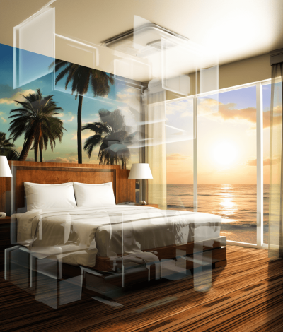 A modern hotel room with wood floors, white walls and glass windows overlooking the ocean at sunset. The bed is made of transparent plastic panels, and behind it stands palm trees on an island. A digital art style illustration is used to create the background for each panel. It has a white gradient and a wooden floor that adds depth and warmth to the scene. The background is in the style of digital art.