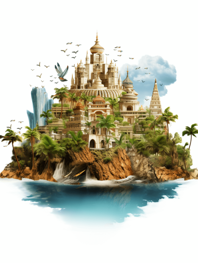 A fantasy island with an ancient city, on a white background, in the vector art style, with a tropical theme, fantasy, detailed illustration, high resolution, high contrast, vibrant colors, intricate details, as a digital painting, with a hyperrealistic rendering, cinematic lighting, sharp focus, isolated on the edges of the canvas. The buildings and vegetation should be detailed to reflect their historical design. There is water surrounding it with birds flying around the scene. In front there's a small waterfall in a tropical environment, in the style of a historical artist.