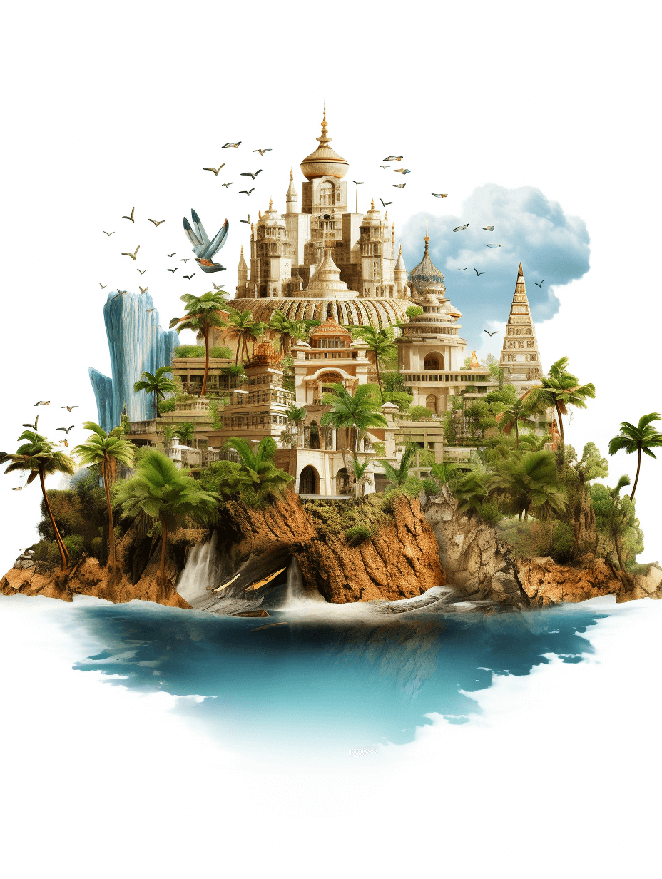 A fantasy island with an ancient city, on a white background, in the vector art style, with a tropical theme, fantasy, detailed illustration, high resolution, high contrast, vibrant colors, intricate details, as a digital painting, with a hyperrealistic rendering, cinematic lighting, sharp focus, isolated on the edges of the canvas. The buildings and vegetation should be detailed to reflect their historical design. There is water surrounding it with birds flying around the scene. In front there’s a small waterfall in a tropical environment, in the style of a historical artist.