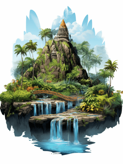 A fantasy island with waterfalls and lush vegetation, featuring an ancient temple perched atop the mountain peak. The scene is rendered in a cartoon style with vibrant colors and exaggerated shapes to create a whimsical atmosphere. In front of it lies a small pool of clear blue waters that reflects its surroundings. In the style of clipart isolated on white background for removing background