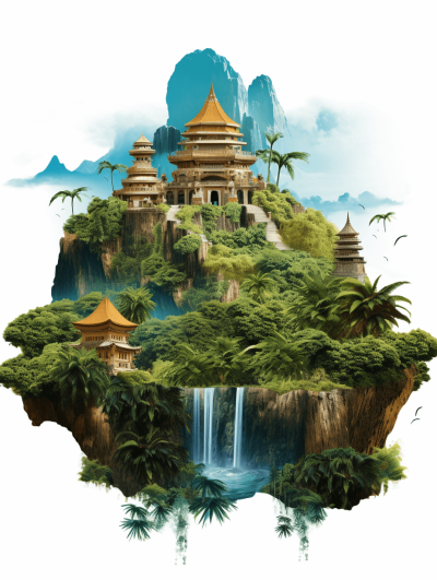 An island floating in the air, with ancient architecture and green vegetation on it. There is an elaborate temple building at its center, surrounded by waterfalls flowing into clear blue waters below. The white background creates contrast between them. This is a detailed illustration of a fantasy world. High resolution, vector graphics, and bright colors make up this digital artwork in the style of Chinese architecture.