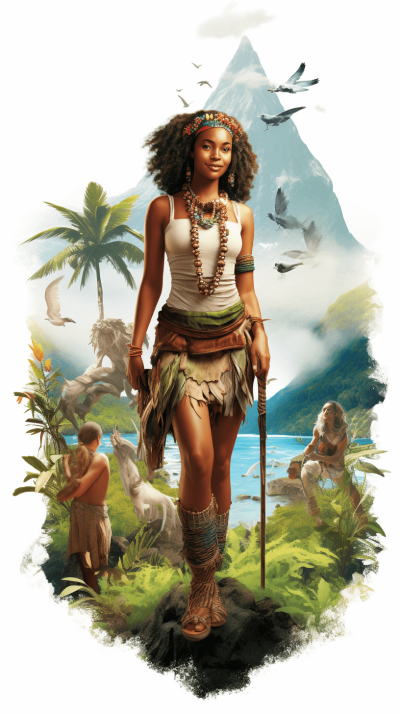 A full body illustration of an African woman with black hair and white skin, standing on a jungle island in front of some animals, holding a long stick in the style of a tribal character design for a game cover art, with a white background, as a digital painting concept art portrait. She is wearing a white t-shirt and jewelry necklace around her neck with brown eyes. A beautiful young girl is walking through lush greenery, surrounded by palm trees, mountains and ocean water in a fantasy style.