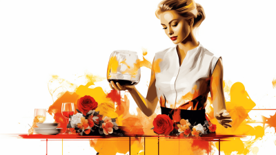 A beautiful woman in an elegant white shirt and black skirt, pouring wine from a glass into glasses on her table adorned with flowers. The background is a vibrant orange gradient with yellow highlights, creating a warm atmosphere. She has short blonde hair tied back. A minimalist illustration style features soft edges and delicate details. A white color palette with bright red accents for roses. in the style of a minimalist artist.