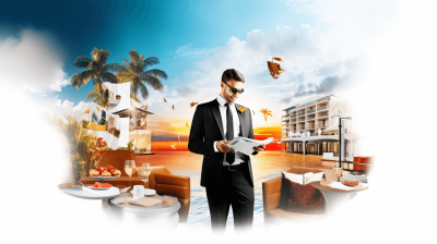 A realistic collage of luxury hotel elements, a beachside scene, and a real estate agent in a suit with glasses looking at a paper holding a photograph while standing near a dining table with coffee cups, a bright sky, palm trees, with photorealistic and hyperrealistic styles in the golden hour lighting against a white background.