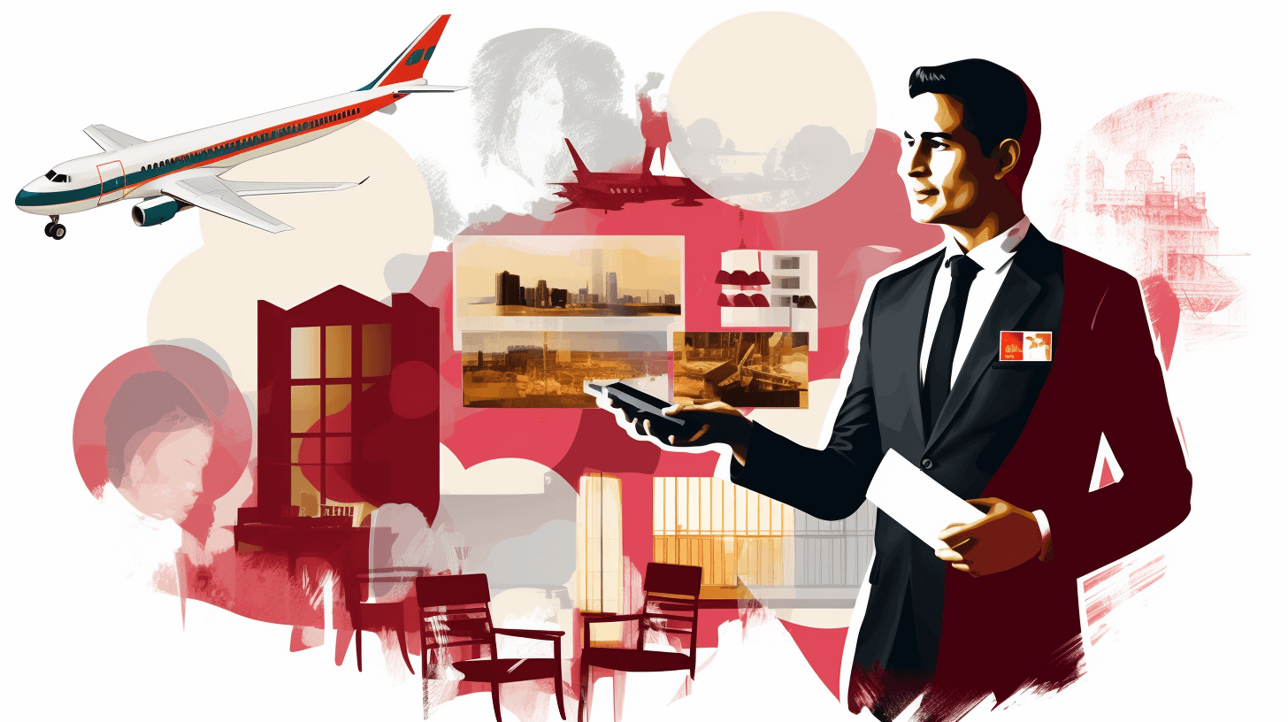 An editorial illustration of an Asian flight attendant holding keys, surrounded by images representing travel and hotel services. The background features various elements such as airplanes, cityscapes, luxury mansions, sofas, tables with food on them, all in red tones. A white man is depicted wearing a black suit with tie while he holds the bunch of keys. He has short hair and facial expressions convey confidence and friendliness. In the style of vector art.