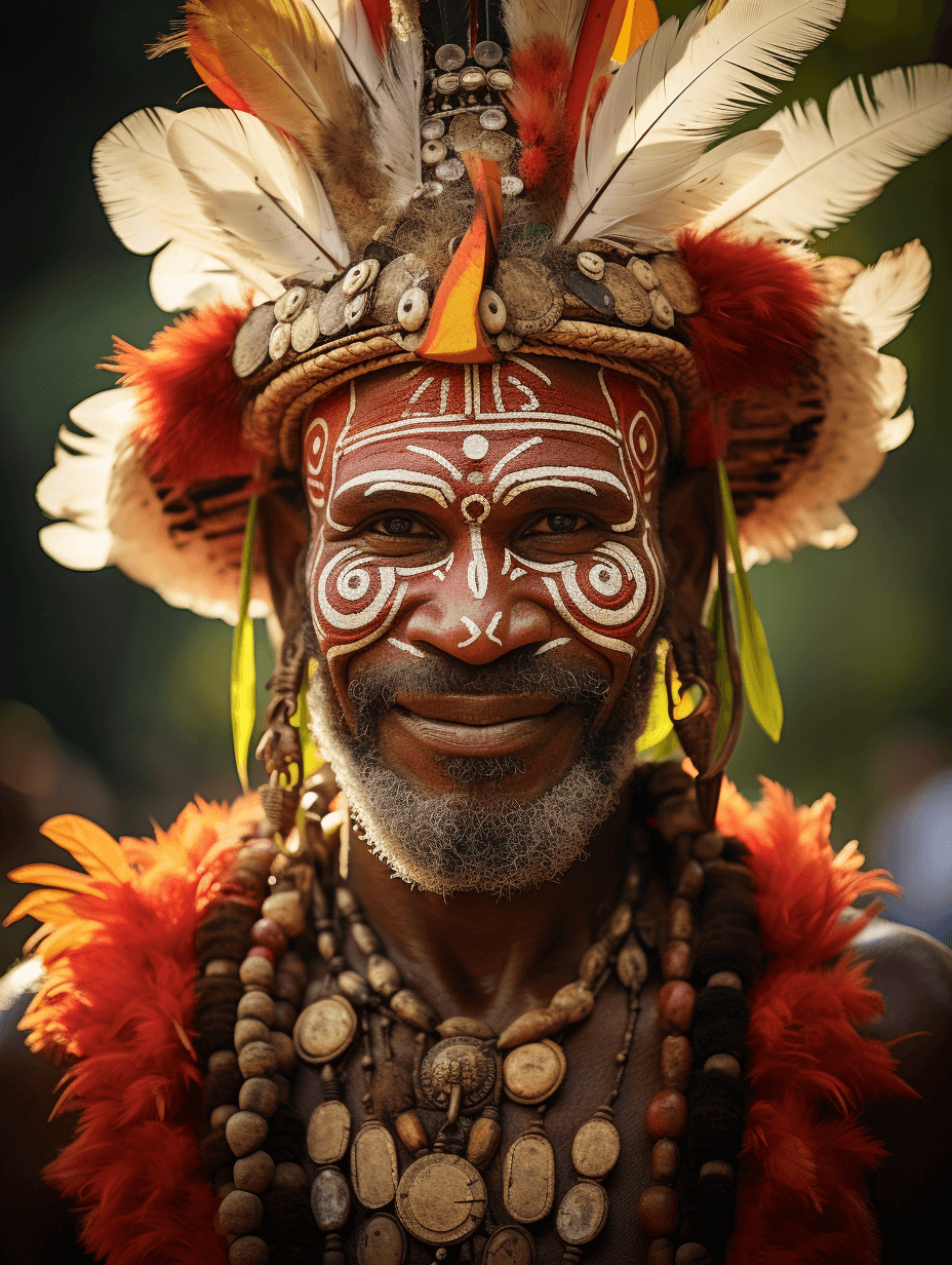 portrait of an enchanting Papua New Guinea warrior. He is wearing traditional attire and headgear with white face paint and intricate patterns on his costume. His detailed feathered hat is made from red feathers and brown beads around his neck. He is smiling at the camera. The photography is in the style of Canon EOS R5.